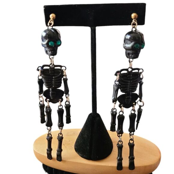 Spooky Statement Black with Green Eyes Dangling 4" Skeleton Earrings - Picture 1 of 6